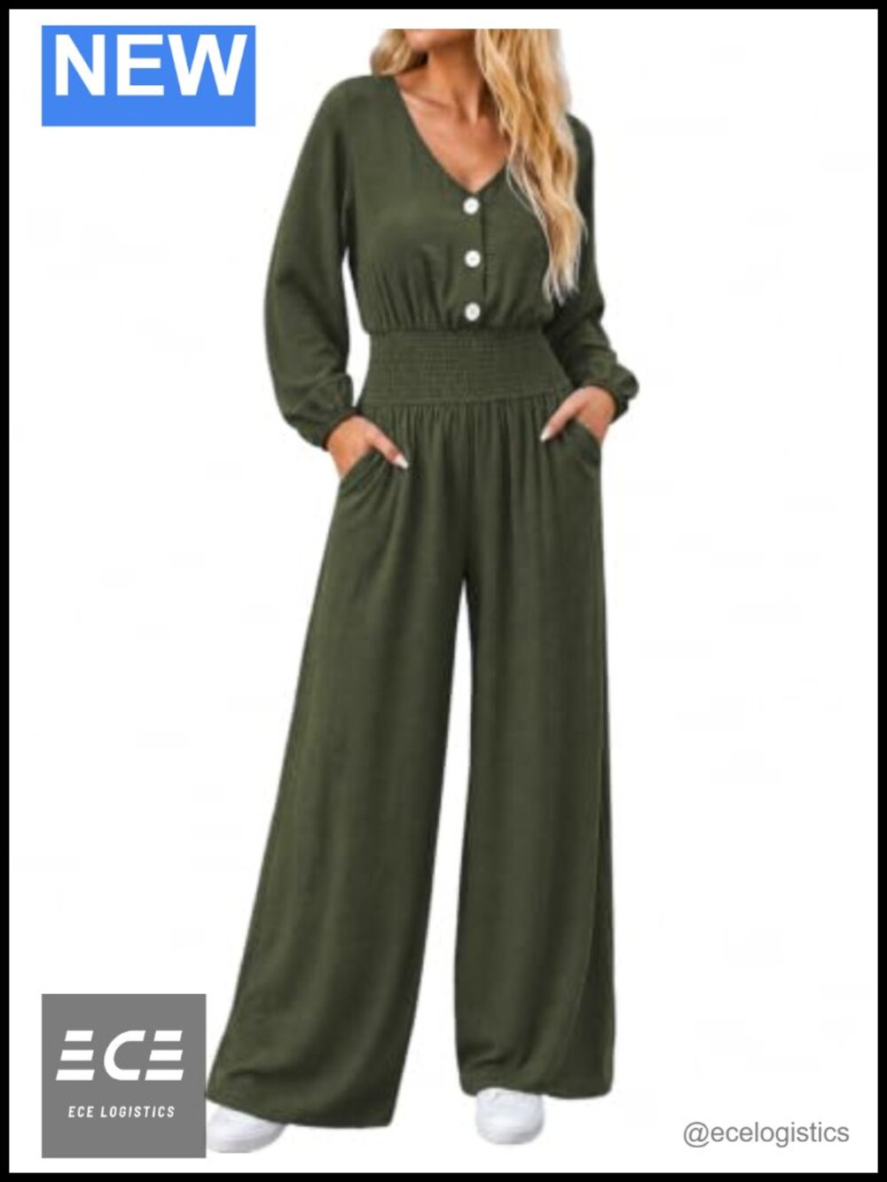 Women's Jumpsuit Dressy Casual Long Sleeve Wide Leg Smocked Waist